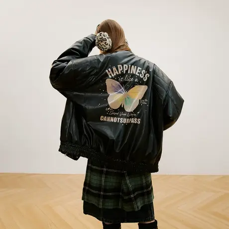 美式复古蝴蝶棉服女夹棉冬季PU皮外套2023年新款街头潮牌宽松棉衣图片