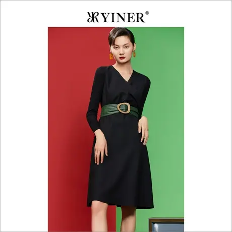 YINER音儿女装秋季长袖通勤v领赫本风含羊毛连衣裙图片