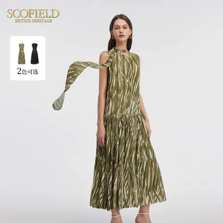 Scofield女装时尚橄榄绿连衣裙法式浪漫无袖碎花长裙夏季裙子图片