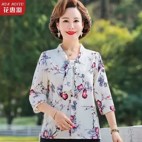 中年妇女雪纺衫女装夏装衣服2023新款七分袖上衣妈妈衬衫系带小衫图片