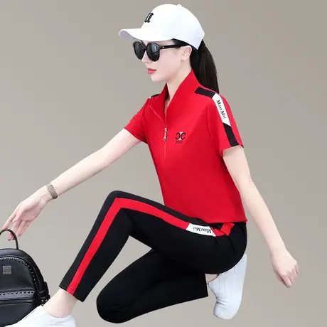 半拉链短袖长裤休闲运动服套装女夏季新款洋气显瘦薄款天丝两件套图片