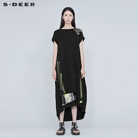 sdeer圣迪奥圆领国风水墨晕染收腰通勤连衣裙女S21261285图片