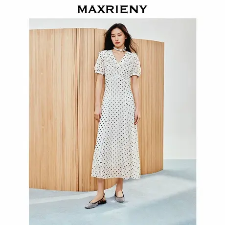 【奥莱】MAXRIENY精致复古优雅收腰黑白波点连衣裙图片