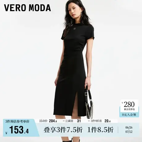 Vero Moda奥莱连衣裙夏季新款时髦短袖黑色开衩T恤裙女裙子流行图片