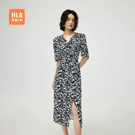HLA/海澜之家经典满花短袖连衣裙25夏季V领耐看交叉门襟裙子女装图片
