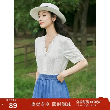 茵曼法式气质重工绣花衬衣2023夏女装新款镂空花边V领泡泡袖上衣图片