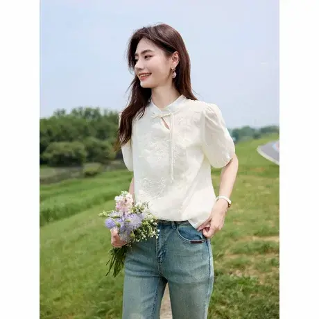 时尚气质衬衫2024年夏季新款女百搭减龄高级简约个性泡泡袖短袖T图片