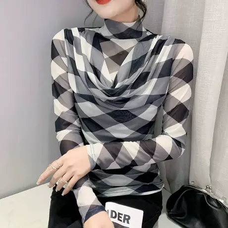 棋盘格上衣女长袖2024春秋新款时尚拼色网纱T恤内搭半高领打底衫图片