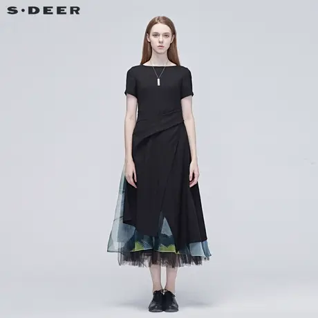 sdeer圣迪奥夏季拼接立体垂坠层次拼接通勤OL连衣裙女S20281291图片