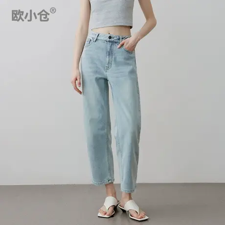 欧小仓软牛系列 香蕉九分裤 复古水洗磨白高腰奶奶裤浅蓝色牛仔裤图片