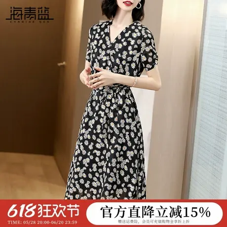 海青蓝小雏菊连衣裙女夏季新款v领系带碎花裙子气质温柔风仙女裙图片