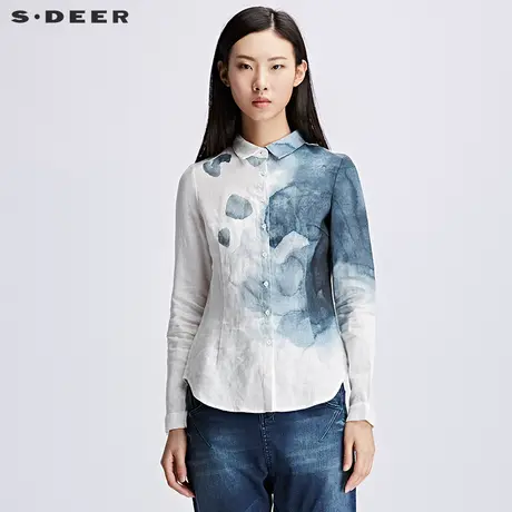 sdeer圣迪奥2018春装蓝调水墨渐变印花亚麻长袖衬衫女S17180551图片