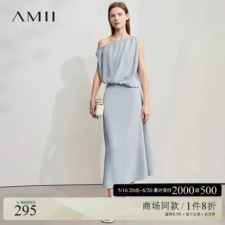 Amii2025夏新款不对称斜一字领橡筋露肩连衣裙女雪纺裙小黑裙子图片