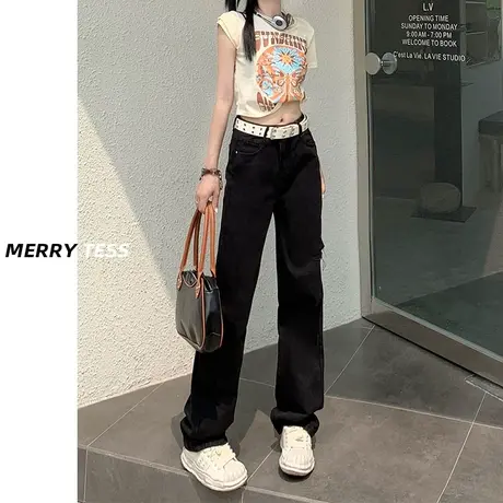 黑色破洞直筒牛仔裤女2023年夏季新款设计感高腰显瘦修身阔腿裤子图片