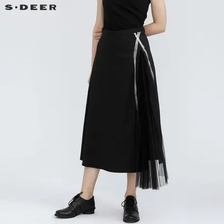 sdeer圣迪奥女装夏装撞色印花网纱黑色裙子拼接休闲长裙S21281134图片
