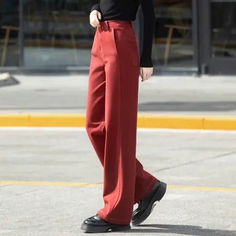 酒红色裤子女秋冬款2024年新款直筒裤休闲裤女裤毛呢阔腿裤长裤子图片