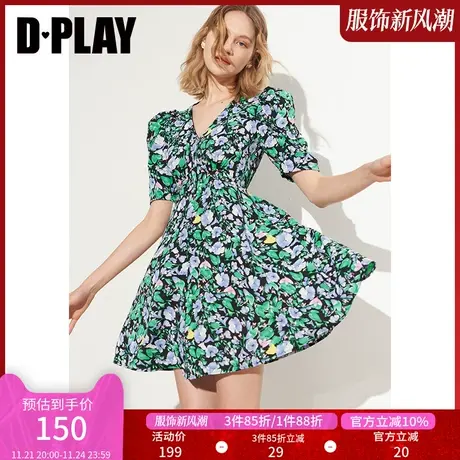 DPLAY夏新甜酷黑底紫调满花高腰收腰印花连衣裙沙滩裙图片