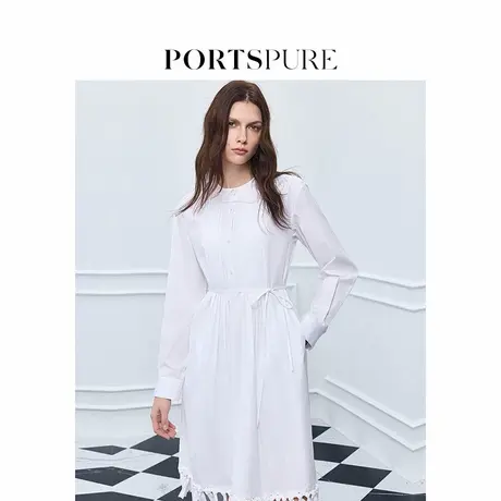 宝姿PORTSPURE女装2025夏季新品波嬉压褶手工流苏系带收腰连衣裙图片