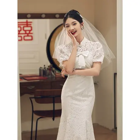 登记领证小白裙订婚小礼服连衣裙夏季中式白色旗袍修身鱼尾中长款图片