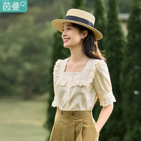 茵曼2023春新款优雅法式方领设计感荷叶边拼接泡泡袖遮肉显瘦衬衣图片