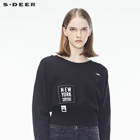 sdeer圣迪奥新潮布贴装饰罗纹收口简约时尚短款毛衫S18383563图片