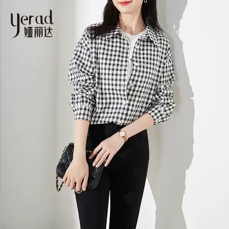 娅丽达黑白格子衬衫外套女2024春季新款韩版复古宽松大码休闲衬衣图片