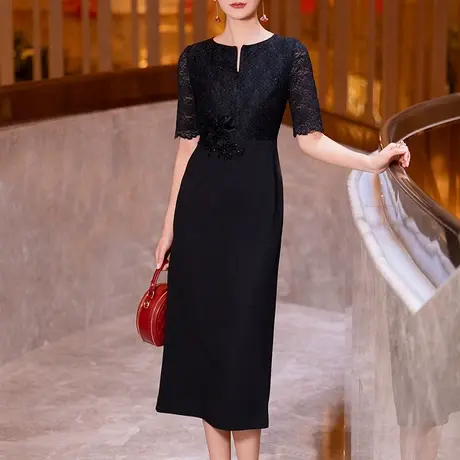 夏季蕾丝连衣裙女2025新款时尚优雅气质黑色短袖圆领拼接修身裙子图片