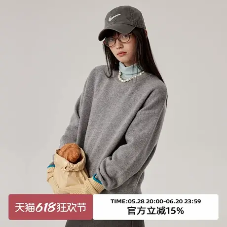 omont蛋挞家 100%全羊毛圆领针织上衣冬宽松长袖毛针织衫毛衣图片