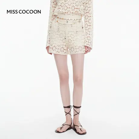 MISSCOCOON可可尼白色短裤女2025秋季新款镂空绵羊毛针织休闲裤图片