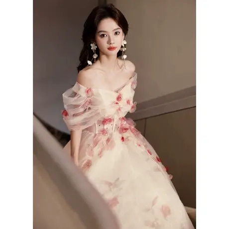 一字肩晚礼服裙女轻奢小众高端法式高级感主持人超仙轻纱声乐艺考图片