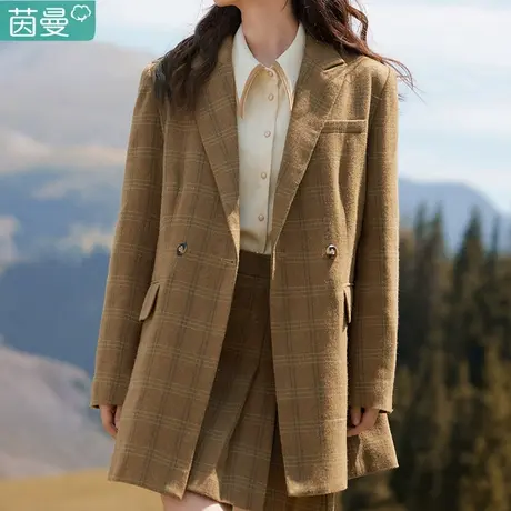 茵曼女装羊毛小西装格子外套短款秋冬装2023新款上衣西服毛呢外搭图片