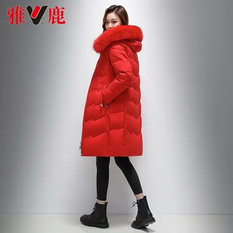 雅鹿保暖羽绒服女中长款2022冬季新款连帽时尚大狐狸毛领外套红色图片