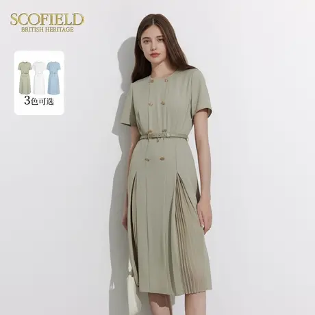 Scofield女装收腰褶边连衣裙双排扣气质圆领工装裙夏季裙子图片