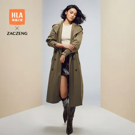 HLA/海澜之家曾超联名宽松中长款风衣秋新款垂顺英伦系带外套女装图片