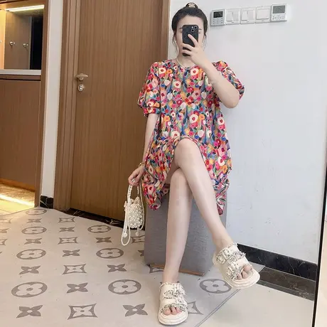 女装碎花连衣裙女2024夏新款圆领宽松显瘦灯笼袖A字裙大码胖mm图片
