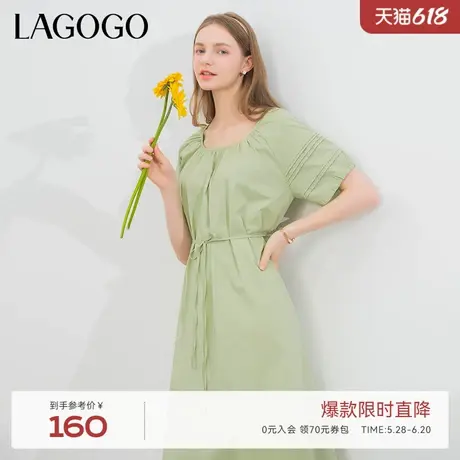 LAGOGO薄荷曼波系带连衣裙女拉谷谷夏季新款修身浅绿色A字中长裙图片