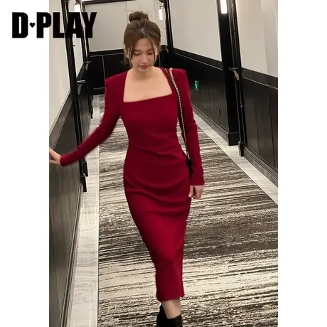 DPLAY2023秋法式红色美背方领长袖连衣裙订婚服敬酒服回门服图片