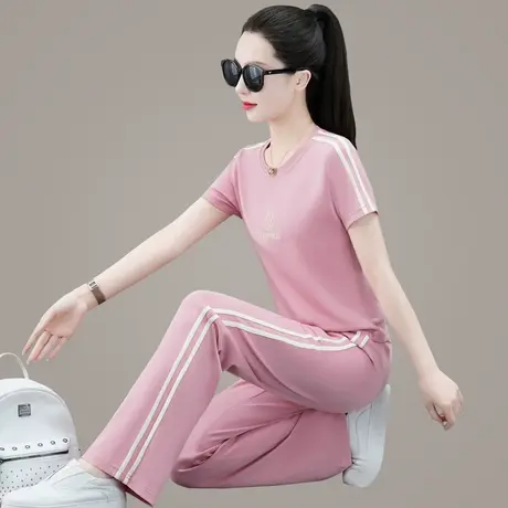 直筒裤运动休闲套装女夏季时尚薄款长裤短袖减龄天丝衣服两件套潮图片