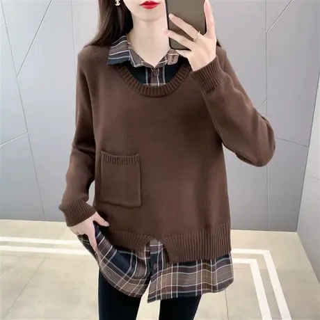 韩版假两件针织衫女上衣2023秋装新款中长宽松格子衬衫领拼接毛衣图片