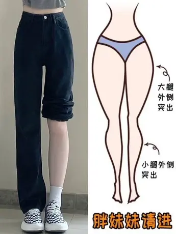 梨型身材直筒牛仔裤女秋冬装大码胖mm春秋高腰显瘦宽松阔腿拖地裤图片