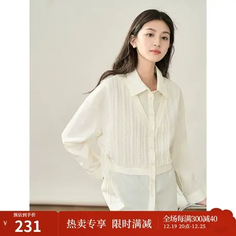 【商场同款】茵曼拼接衬衣2023秋季女装新款翻领长袖绑带宽松上衣图片