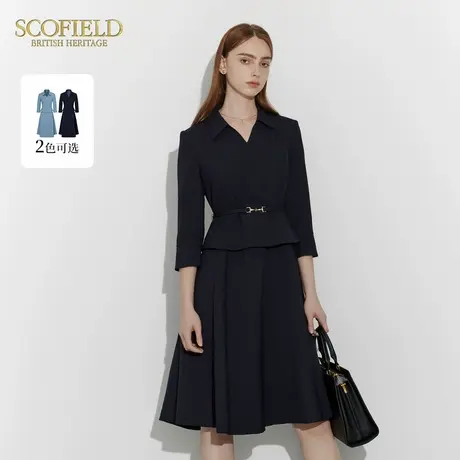 Scofield女装假两件收腰连衣裙气质翻领优雅裙子夏季裙子图片