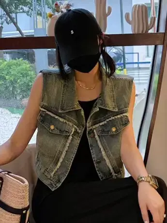 港风复古设计感短款牛仔马甲夏款小众坎肩百搭减龄翻领修身上衣女图片
