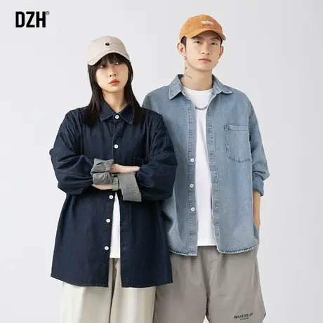 情侣日系长袖牛仔衬衫男潮牌宽松情侣外套春秋款2023新款翻领衬衣图片
