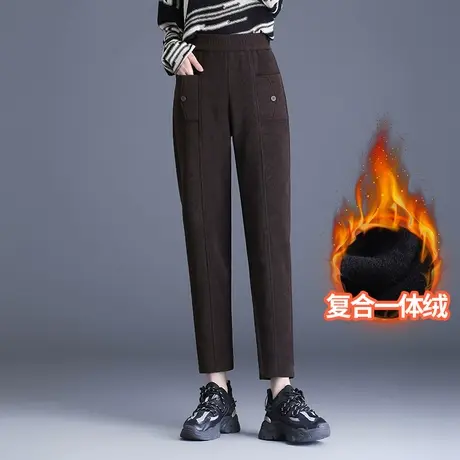 小个子加绒休闲裤女秋冬2023新款松紧腰显瘦九分哈伦裤时尚小脚裤图片
