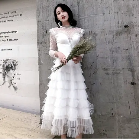 长袖小晚礼服女2023新款生日宴会年会白色连衣裙平时可穿仙气修身图片