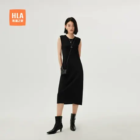 HLA/海澜之家圆领修身微弹针织连衣裙秋新款黑色无袖H型裙子女装图片