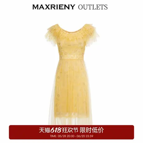 【奥莱】MAXRIENY一字肩蕾丝公主裙高腰碎花连衣裙图片