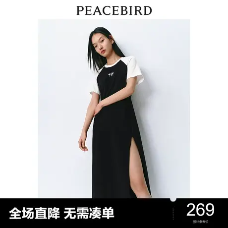 太平鸟撞色T恤裙春新款圆领短袖高开叉设计感连衣裙长裙休闲图片