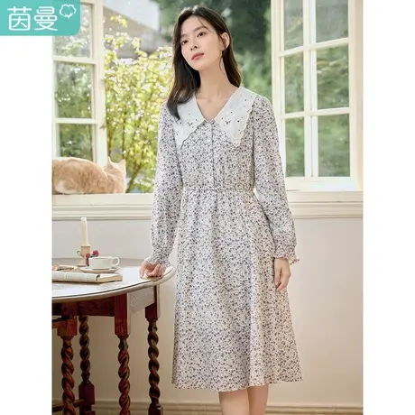 茵曼纯棉碎花连衣裙女春装2023新款田园清新印花刺绣弹力松紧腰图片